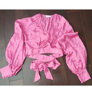 Lace Pink Satin Long Balloon Sleeve Wrap Crop Top‎ Sz L Y2K Festival Club Vegas